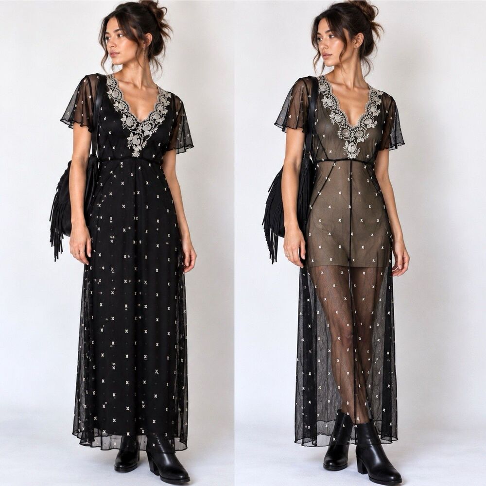 VTG Rabbit Designs 2Pc Black Mesh Maxi Dress M Floral Embroidered Whimsigoth 90s